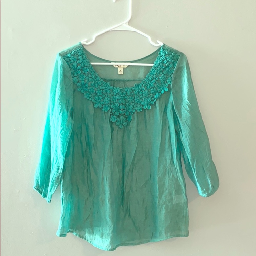 Turquoise Blouse w/ Floral Lace front